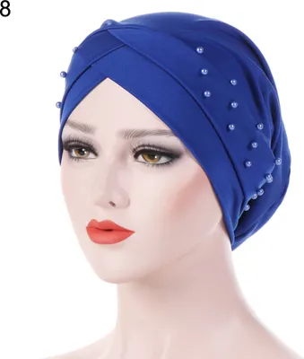 Immagine prodotto di Cappello turban elastico con perline da donna, copricapo musulmano per la chemioterapia contro il cancro, hijab, colore: blu zaffiro