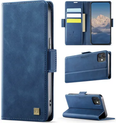 Produktbild von Lederhülle für iPhone 12/iPhone 12 Pro, RFID Schutz Handyhülle mit Magnetverschluss, Kartenfächern und Ständer Blau