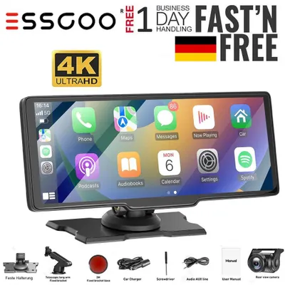 Zdjęcie produktu dla Kamera samochodowa 4K z 10-calowym ekranem dotykowym, obsługująca Apple CarPlay i Android Auto (bezprzewodowo), z podwójnym obiektywem (przód i tył), Bluetooth, Wi-Fi, GPS, funkcją parkowania, trybem nocnym i nagrywaniem w pętli