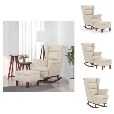 Image de vidaXL Fauteuil à bascule et tabouret avec pieds en bois Crème Velours - Fauteuils à bascule