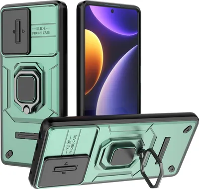 Obrázek produktu pro Pouzdro pro Xiaomi Poco F5 /Redmi Note 12 Turbo dvouvrstvé pouzdro s posuvnou ochranou kamery a držákem prstenu, stojánek zelené
