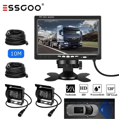 Produktbild von 7 Zoll Rückfahrmonitor mit Rückfahrkamera Einparkhilfe 2 Kameras Wasserdicht IP68 mit 10 m Kabel Distanzlinien Nachtsicht für LKW Bagger Wohnmobile