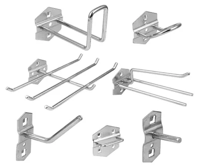 Produktbild von 7 Stahl Werkzeughaken für Stecktafeln mit Halter für Schraubenschlüssel, Zangen und Schraubendreher, rostfrei und platzsparend für Werkstatt und Haushalt