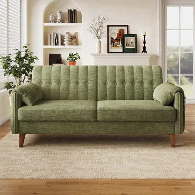 Produktbild von okwish Zweisitzer Sofa mit Seitentaschen und 2 Armlehnenkissen, Sofastuhl mit Massivholzfüßen,getufteter Rückenlehne,Grün