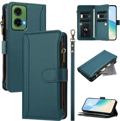Immagine prodotto di Custodia per Motorola Moto G35, con cerniera, portafoglio, custodia flip in Finto cuoio con tasche per carte, supporto e passante per mano verde