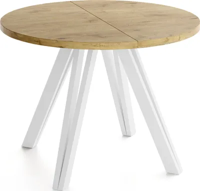 Produktbild von Runder Esstisch Ausziehbar 100–180 cm mit Weißen Holzbeinen aus Buchenholz – Moderner Ausziehtisch für Esszimmer, Küche und Wohnzimmer – Tisch für 4–8 Personen – Eiche Hell Braun