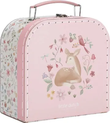 A pink suitcase with a fairy garden design, featuring a deer, flowers, and a bird.