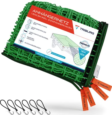 Produktbild von TRIBURG Anhängernetz 1,5x2,5 m + 6 Expanderhaken mit Eckmarkierungen und Randverstärkung I Ladungssicherung I Anhängerzubehör I Transportnetz