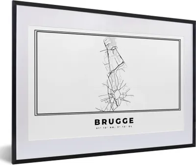 Produktbild von MuchoWow® Gerahmtes Poster Stadtplan - Schwarz und weiß - Karte - Brügge - Belgien - Karte 60x40 cm - Poster mit Schwarzem Bilderrahmen Wandposter Rahmen Foto Bilder - Schlafzimmer - Plakat in Rahmen - Drucken