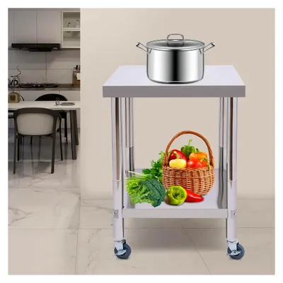 Produktbild von Edelstahltisch für Prep & Work - Klappbarer Küchentisch auf Rädern für Küche, Hotel, Café, 2-stufiger Servierwagen mit 300 kg Tragkraft, silberne Arbeitsfläche 60×60 cm, einfache Montage