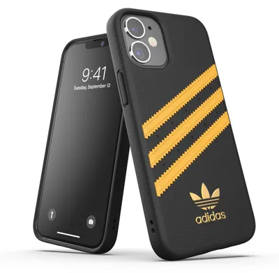 A black iPhone case with gold Adidas stripes and logo is shown next to an iPhone.