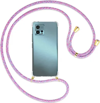 Produktbild von Handykette Backcover-Schutzhülle mit Band (Metall goldfarben) für Motorola Moto G72 (6.55'') - lila/rosa/blau