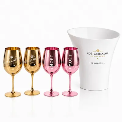 Zdjęcie produktu dla Zestaw chłodnic do szampana dla Moët & Chandon – chłodnica akrylowa na butelkę magnum, zawierająca 2 kieliszki ze szkła kryształowego w kolorze złotym i 2 kieliszki ze szkła kryształowego w kolorze różowym – zestaw do szampana