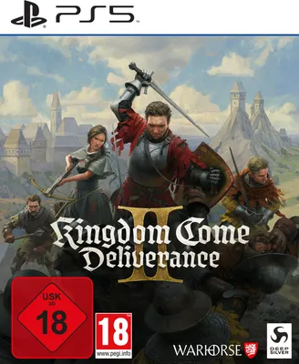 Cover art for the video game Kingdom Come Deliverance II, featuring several characters in medieval armor and attire, with a castle in the background.