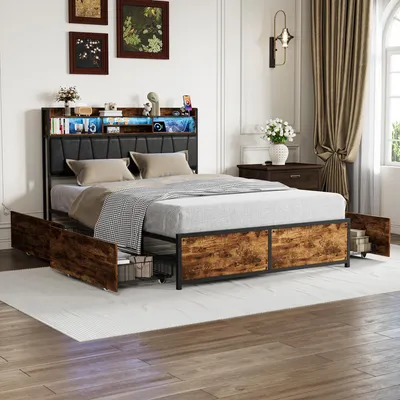 Produktbild von REMZETTA Polsterbett 140x200 cm Schwarz mit LED, USB-C & 4 Schubladen
