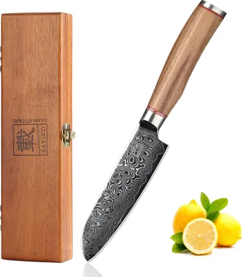 Produktbild von Zayiko Kurumi Damast kleines Santokumesser I 12 cm Klinge I Nussbaumgriff I Holzbox