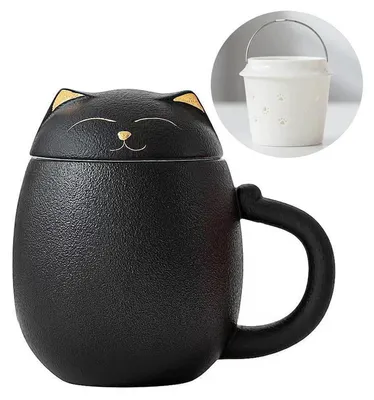 Produktbild von Teetasse mit Katzeneinsatz und Deckel, Keramik, 350ml, Schwarz