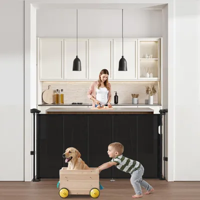 Produktbild von VEVOR einziehbares Babygitter (87 cm hoch ausziehbar bis 1400 mm breit) ausziehbares Gitter für Kinder Haustiere, Netzmaterial, Treppenschutzgitter für Innentreppen Türen Flure Spielzimmer, Schwarz