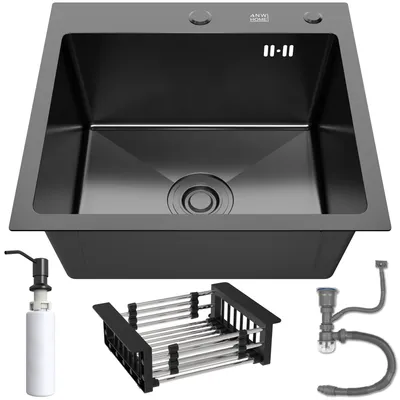 Produktbild von ANW HOME Spülbecken Küche Schwarz 46x45 cm mit Siphon, Abtropfgestell & Seifenspender 350ml, Waschbecken Küche Edelstahl 304 mit 2 HahnLöcher