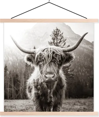 Produktbild von MuchoWow® Textilposter Schottisches Hochlandrind - Tiere - Schwarz - Weiß 60x60 cm mit holzfarbenen Rahmen - Wanddekoration