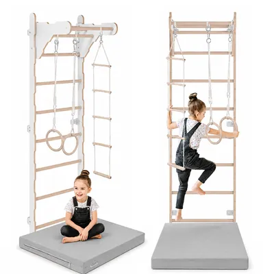 Produktbild von Gymnastik-Sprossenwand für Kinder (210 cm) | Wandmontierte Holzleiter | Kletterleiter für Kinder | Turnringe | Schutzmatte | Kletterseil | 100% ECO