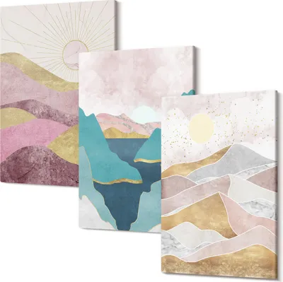 Produktbild von Leinwandbild – Wandbild – Leinwandbilder – Kunstdruck – Polycanvas – Modern – Mehrteilig – 3-Teilig Set – Hochwertig – Geruchslos – Lichtecht – Fertig Aufgespannt – 20x30 Cm Je Teil - Abstrakte Landschaften mit Bergen und Sonne
