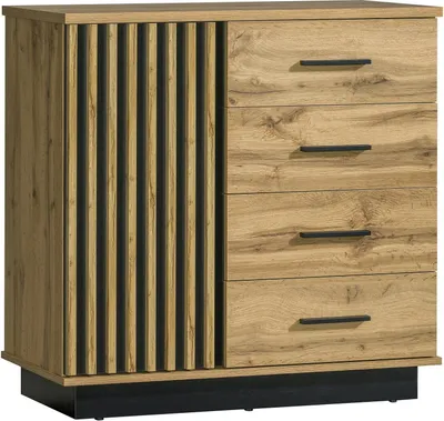 Image de Commode BETTSO Lamelo 90 cm avec 4 tiroirs, meuble de rangement, buffet, armoire avec portes à lamelles, en chêne Wotan noir mat, design moderne, idéal pour le salon ou l'entrée