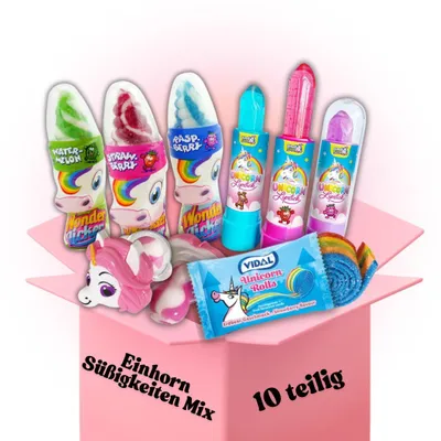Produktbild von Einhorn Süßigkeiten Box 10-teilig Unicorn Einhorn Süßigkeiten-Mix Fruchtgummis, Einhorn Lollies & Unicorn Lippenstifte Kindergeburtstage, Goodie Bags