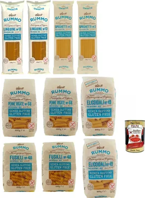 Produktbild von Rummo Pasta Nudeln Glutenfreie Testpaket, Bronze Gezeichnete gluteinfrei, perfekt für Menschen mit Zöliakie oder Glutenunverträglichkeit, 10x 400 g + Italian Gourmet polpa 400g