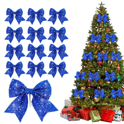 Produktbild von Dekorative Glitzerschleifen - 12 Stück Set - Weihnachtsbaumschmuck und Geschenkschleifen - Goldfarben