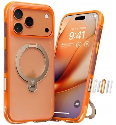 Produktbild von TORRAS für iPhone 17 Pro Max Hülle Ostand Q3 Air mit echtem Airbags Doppelter Schutz (360° Magnetischer Robust Ständer) Matt Handyhülle mit Orange