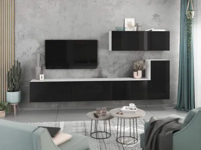 Produktbild von Wohnwand VARIANTO 2 Schrank Set 7 tlg., 266 cm, weiß matt / schwarz Hochglanz, grifflos, stehend und hängend
