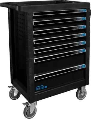 A black tool cart with multiple drawers on a white background.