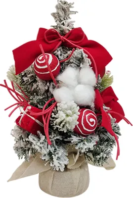 Produktbild von Schneebedeckter Mini-Weihnachtsbaum, kleiner künstlicher beflockter Tischbaum mit Kugeln, Schleife und Stoffbeutelbasis für die Schreibtischdekoration im Home-Office