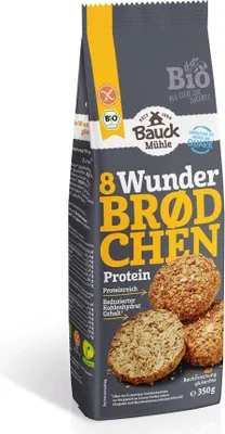 Produktbild von Bauck Mühle Wunderbrødchen Protein  glutenfrei 350 g, Plätzchen, 350 g, HAFERkleie* glutenfrei, HAFERvollkornflocken* glutenfrei, SESAM*, geschrotete Leinsaat*,..., HAFERkleie* glutenfrei, HAFERvollkornflocken* glutenfrei, SESAM*, geschrotete Leinsaat*,..., 432 kcal, 1799 kJ