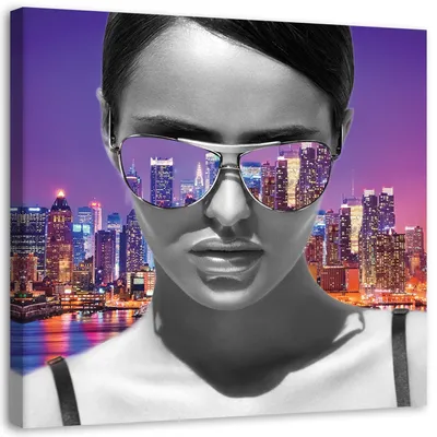 Produktbild von Leinwandbild pop art frau in new york 60x60 cm Feeby lila wandbild bereit zum aufhängen