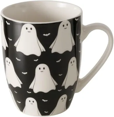 Produktbild von 2 Kaffeetassen 320ml Geisterdesign Keramik in Weiß und Schwarz für Glühwein und Kaffee