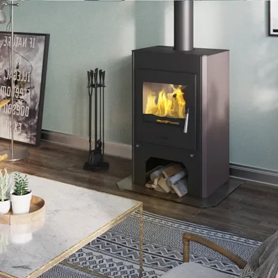 A modern living room with a fireplace.
