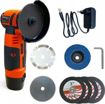 A collection of tools and accessories for a cordless angle grinder, laid out on a white background.