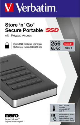 Obrázok produktu pre Verbatim Store 'n' Go Portable - SSD disk - šifrovaný - 256 GB - externý (prenosný) - USB 3.1 Gen 1 (konektor USB-C)