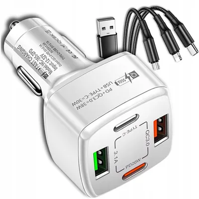 Zdjęcie produktu dla Ładowarka Samochodowa 38W Usb-C Szybkie Ładowanie Qc 3.0 Pd + Kabel 4W1