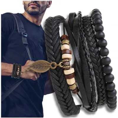 Produktbild von EDIBAZZAR | Set aus Herren-Lederarmbändern mit Perlen und Anhänger