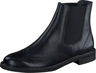 A black leather Chelsea boot with wingtip detailing.