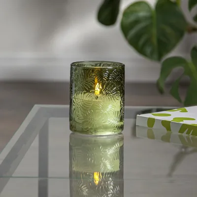 Zdjęcie produktu dla Świeca Led szklana woskowa FLAMME LEAF zielona 12,5cm