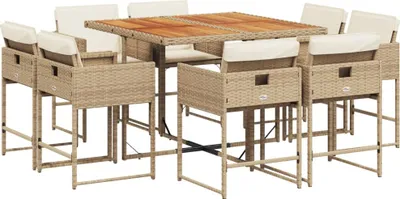 Produktbild von 9-tlg. Garten-Essgruppe mit Kissen Beige Poly Rattan