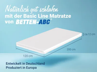 A white mattress is shown on a light blue background with text and dimensions indicated.