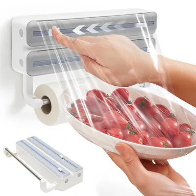 3-in-1 Folien-Dispenser mit Küchenrollenhalter, Wandmontage, ABS, grau