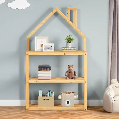Produktbild von Kinderzimmer Regal LENISE in Hausform natur - Kinderregal, Bücherregal, massive Kiefer, 3 Ablagen mit viel Stauraum