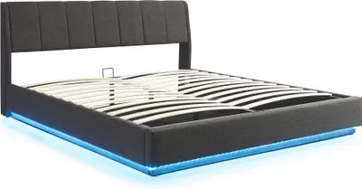 Produktbild von LED Polsterbett 'Tröstiar' mit Bettkasten Leinen 180 x 200 cm Schwarz