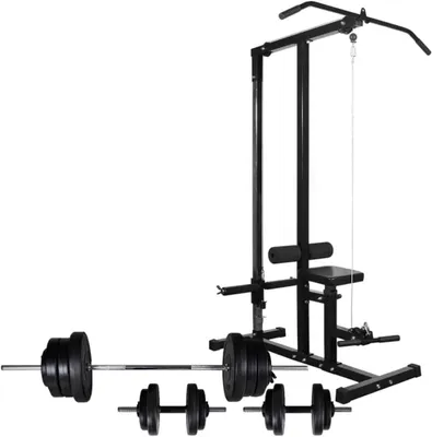 Obrázek produktu pro Multifunkční posilovací věž – Fitness stanice – Stanice pro posilování – Hrazda na shyby – Sada činek – 60,5 kg, kompletní
